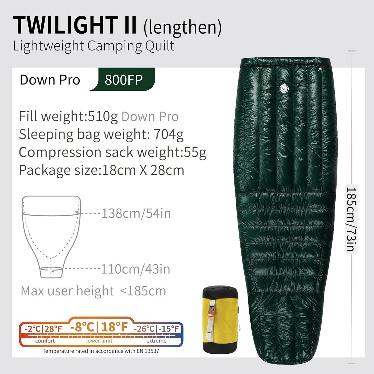 WIND HARD / ウインドハード Twilight II 10D 800FP バックパッキングとキャンピング用の冬用超軽量キルトスリーピングバッグ、大人用ダウンスリーピングバッグ [Twilight II]